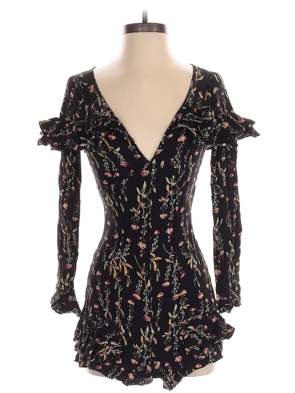 Y2K Likely Black Floral V-Neck Ruffle Long-Sleeve romper
